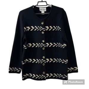 VTG Ami Knits Womens Black White Round Neck Long Sleeve Cardigan Sweater Sz 14